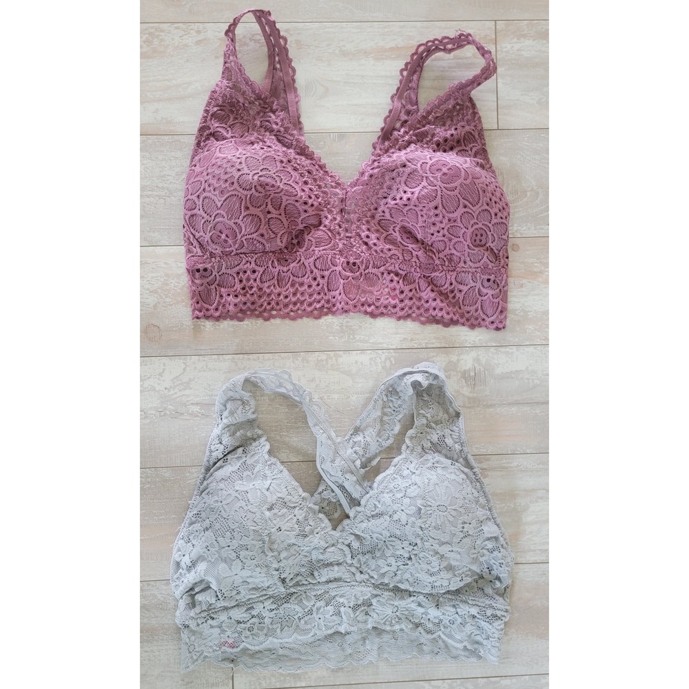 No Boundaries Lace Bralette 2-Pack Padded Wireless XL silver & Plum NEW